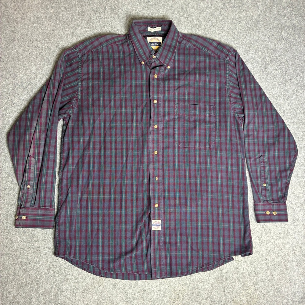 Savane Mens Large Plaid Button Down Shirt Burgundy Green Cotton Wrinkle Free